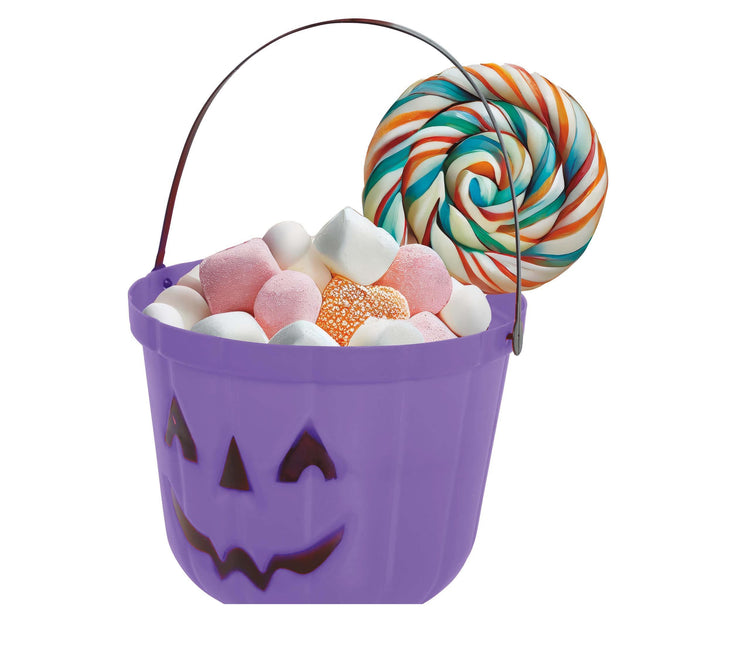 Fioletowe wiaderko na cukierki na Halloween Dynia 20 cm
