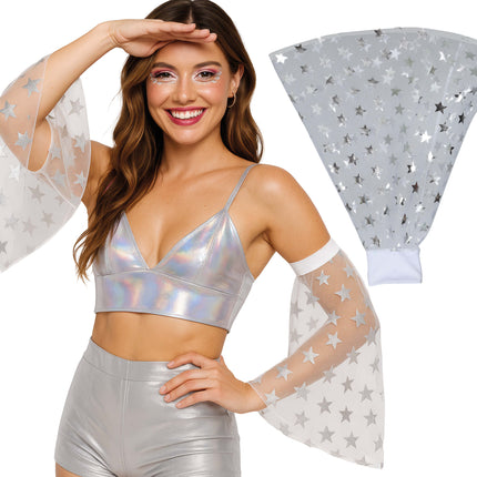 Rękawy motylkowe Disco 70S srebrne gwiazdki