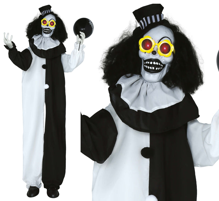 Halloweenowa lalka czarno-biały klaun ze światłem i dźwiękiem 1,7 m