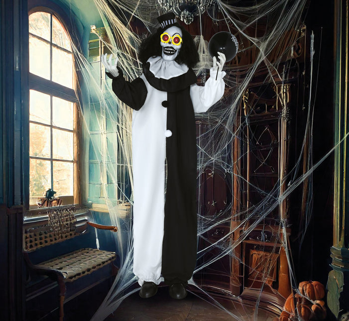 Halloweenowa lalka czarno-biały klaun ze światłem i dźwiękiem 1,7 m