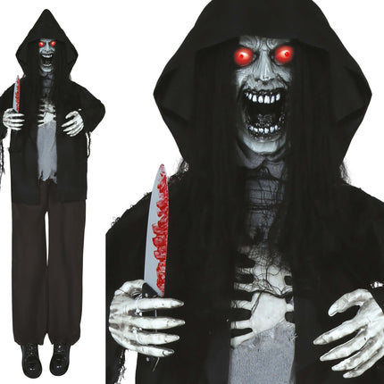 Halloweenowa lalka szkielet ze światłem, dźwiękiem i ruchem czarna 1,8 m