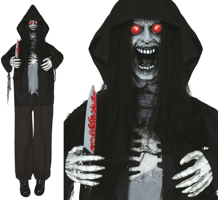 Halloweenowa lalka szkielet ze światłem, dźwiękiem i ruchem czarna 1,8 m