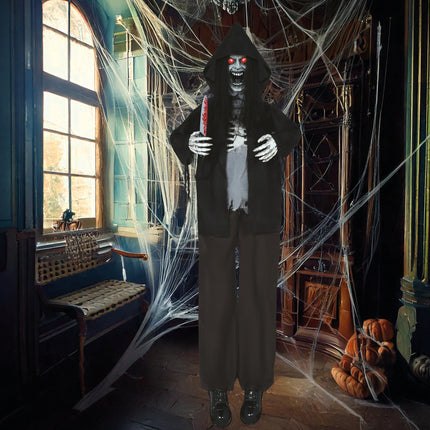 Halloweenowa lalka szkielet ze światłem, dźwiękiem i ruchem czarna 1,8 m