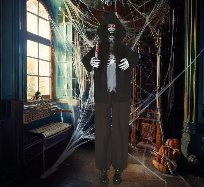 Halloweenowa lalka szkielet ze światłem, dźwiękiem i ruchem czarna 1,8 m