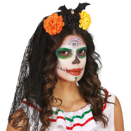 Opaska do włosów na Halloween z welonem i kwiatami