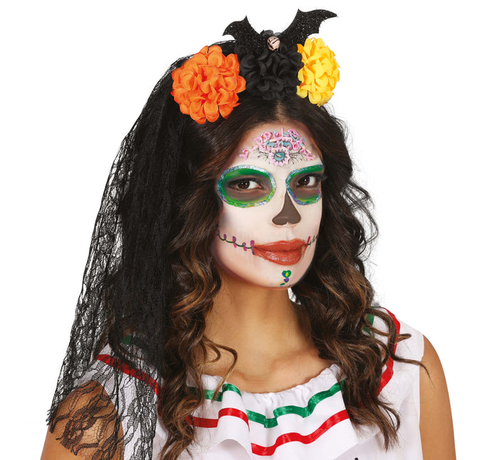 Opaska do włosów na Halloween z welonem i kwiatami