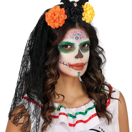 Opaska do włosów na Halloween z welonem i kwiatami