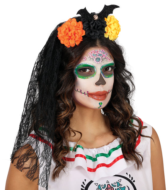 Opaska do włosów na Halloween z welonem i kwiatami