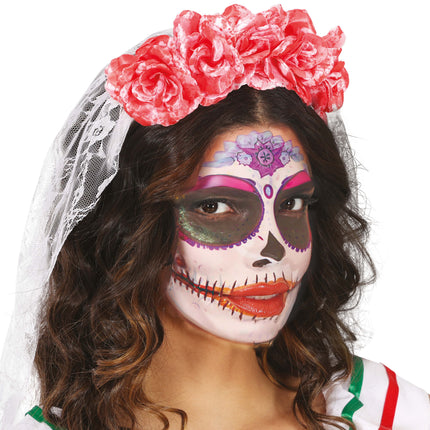 Opaska do włosów na Halloween Różowy welon i kwiaty