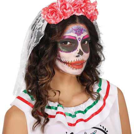 Opaska do włosów na Halloween Różowy welon i kwiaty