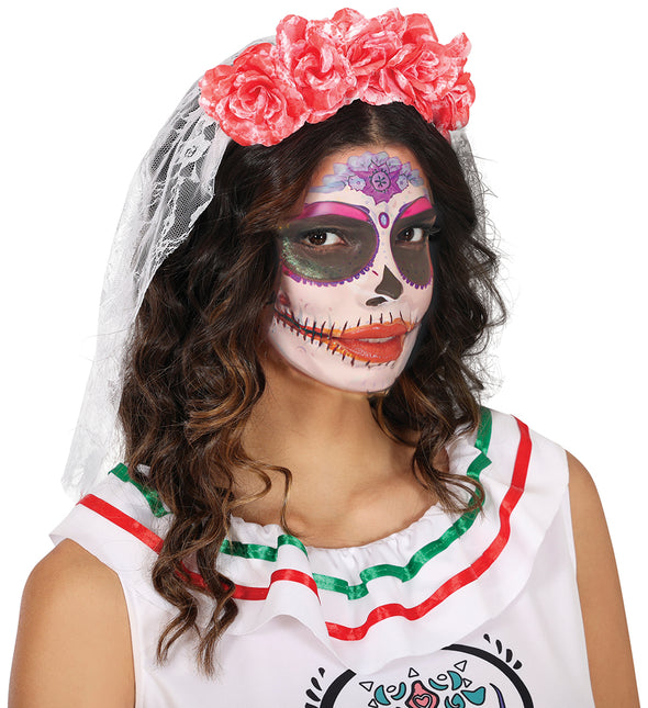 Opaska do włosów na Halloween Różowy welon i kwiaty