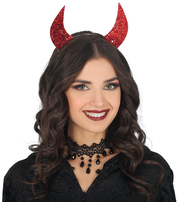Opaska do włosów na Halloween Czerwone diabelskie uszy z brokatem