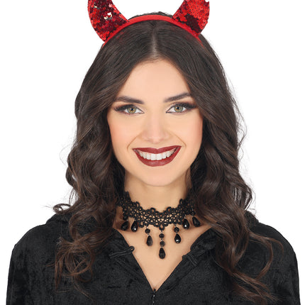 Opaska do włosów na Halloween Czerwony diabeł z cekinami
