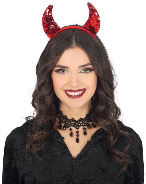 Opaska do włosów na Halloween Czerwony diabeł z cekinami