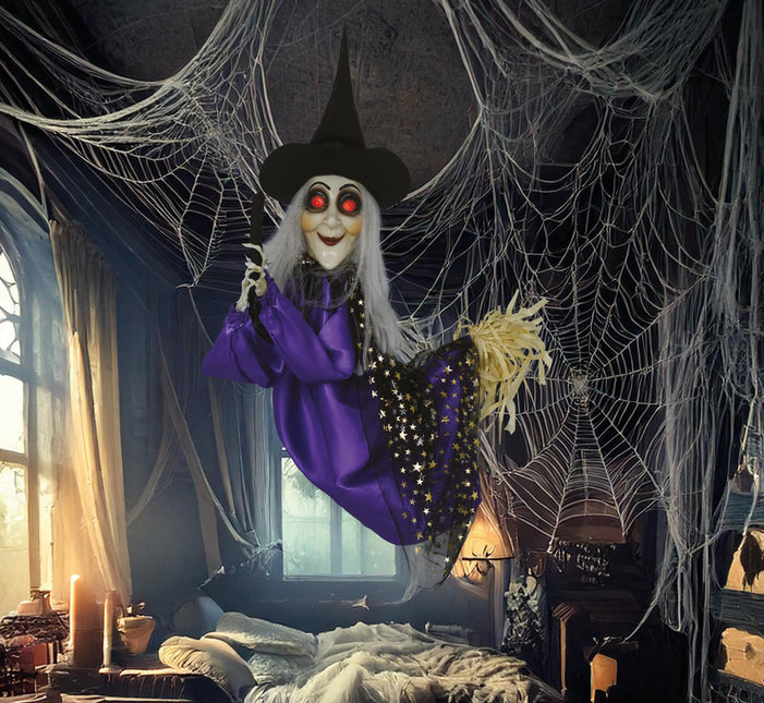 Halloweenowa lalka czarownica ze światłem, dźwiękiem i ruchem 75 cm