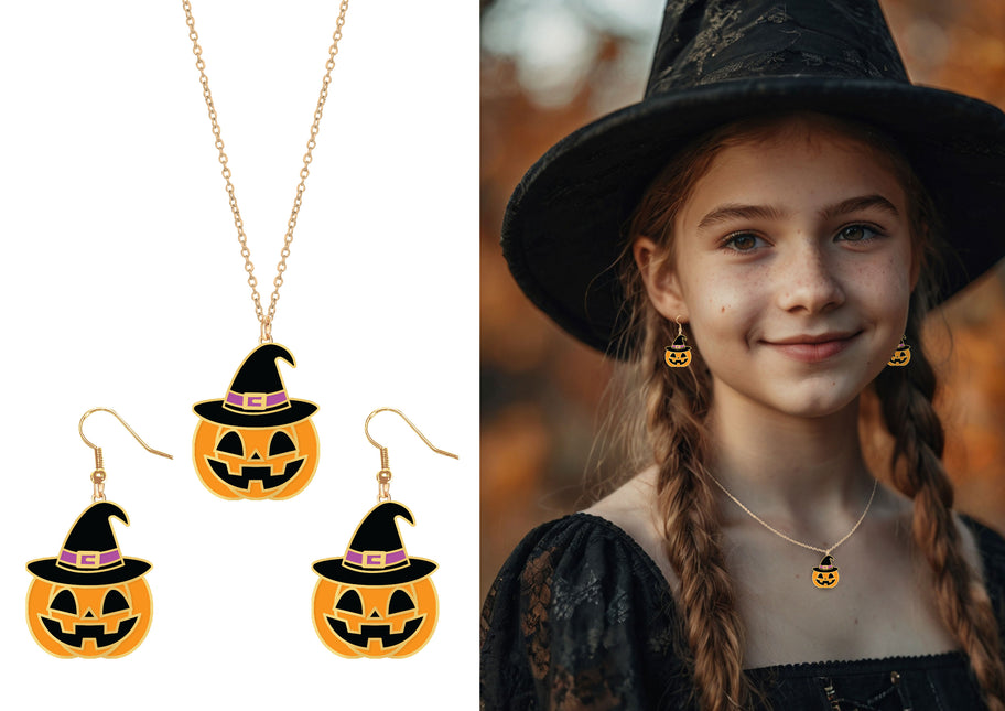 Zestaw akcesoriów na Halloween Pomarańczowy naszyjnik i kolczyki Dynia