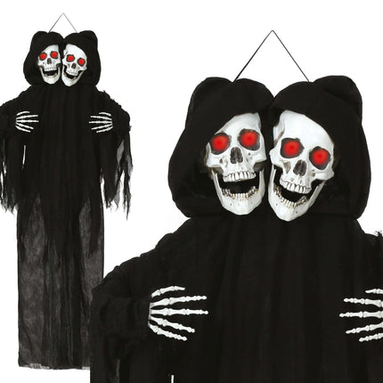 Halloweenowa lalka szkielet czarna dwie czaszki ze światłem i dźwiękiem 1,7 m