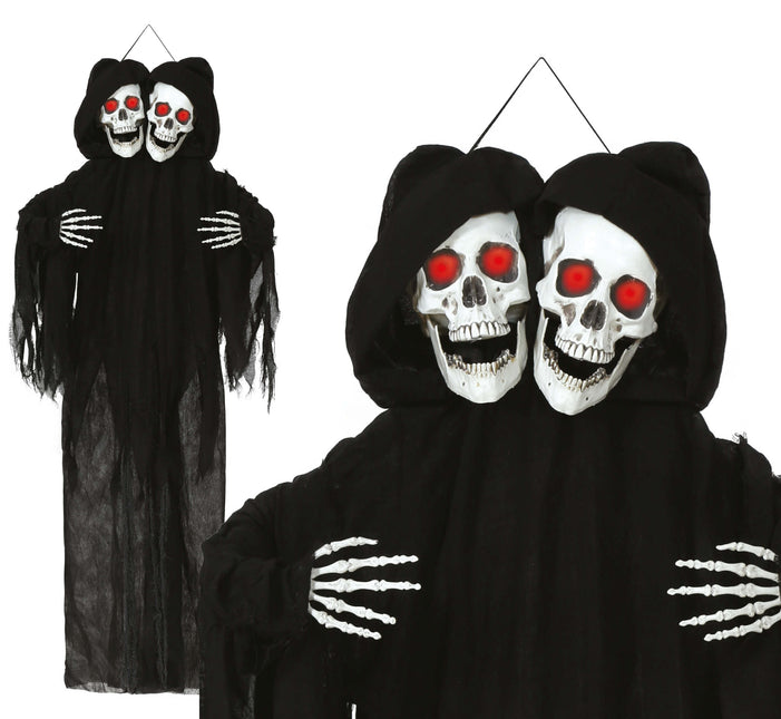 Halloweenowa lalka szkielet czarna dwie czaszki ze światłem i dźwiękiem 1,7 m