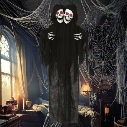 Halloweenowa lalka szkielet czarna dwie czaszki ze światłem i dźwiękiem 1,7 m