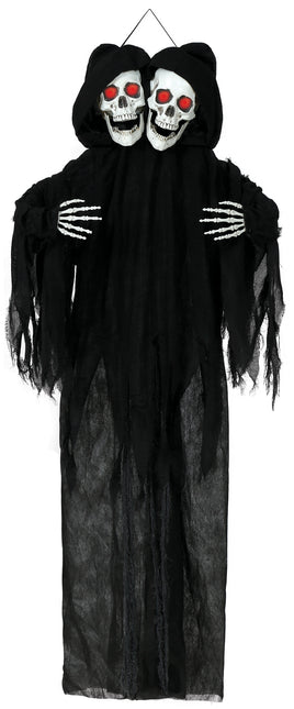 Halloweenowa lalka szkielet czarna dwie czaszki ze światłem i dźwiękiem 1,7 m