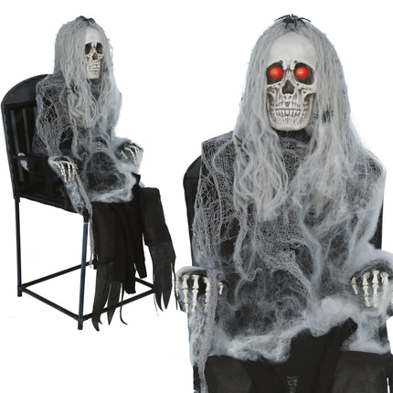 Szkielet na Halloween na krześle z światłem, dźwiękiem i ruchem, 1,05 m