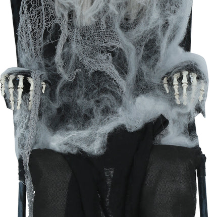 Szkielet na Halloween na krześle z światłem, dźwiękiem i ruchem, 1,05 m