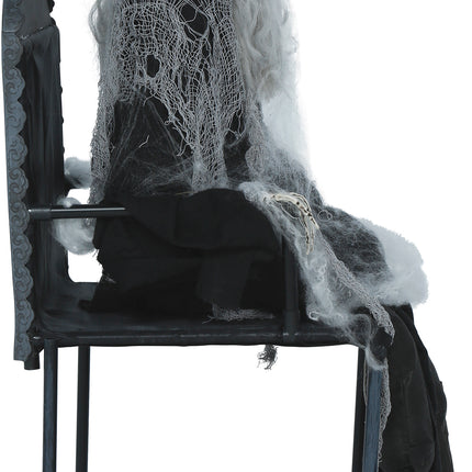 Szkielet na Halloween na krześle z światłem, dźwiękiem i ruchem, 1,05 m