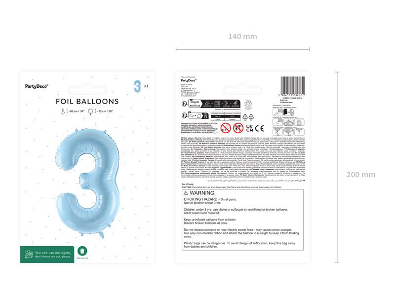 3 Jaar Cijfer Ballon Lichtblauw Leeg 72cm van Partydeco koop je bij Partywinkel