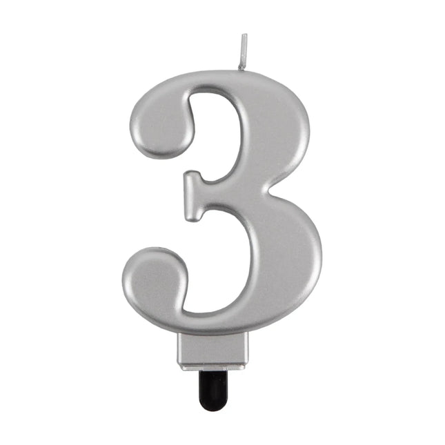 3 Jaar Kaars Zilver Metellic 7cm van VDV Benefit koop je bij Partywinkel