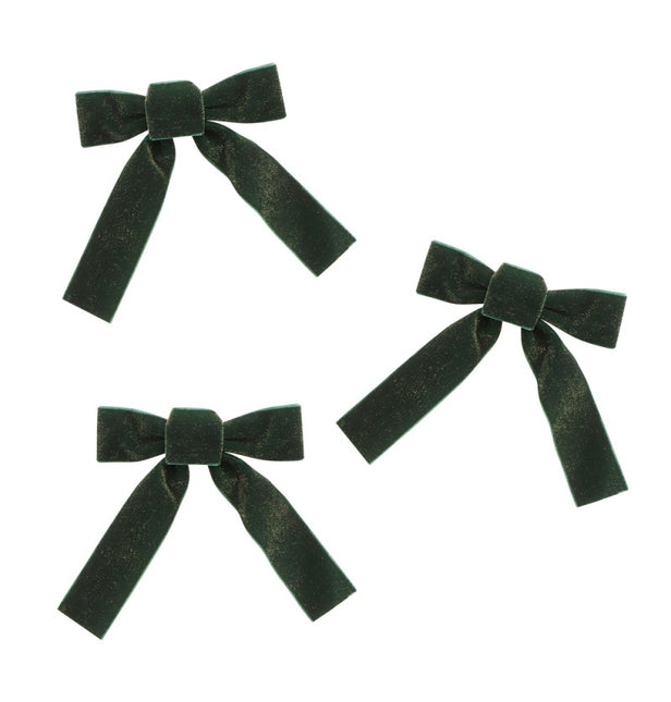 3 mieniące się zielone aksamitne kokardki 14 cm x 1 cm x 16 cm