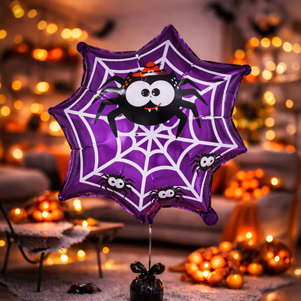 Balonik helowy na Halloween – fioletowy z motywem pajęczyny, pusty, 60 cm
