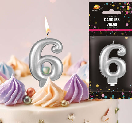 Świeca srebrna 6 lat metaliczna 8 cm