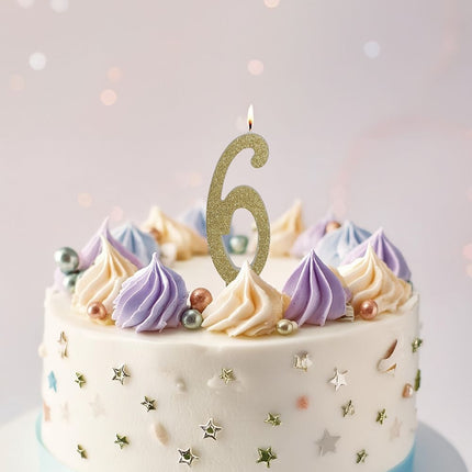 Złota świeczka na 6 lat z brokatem 12,5 cm