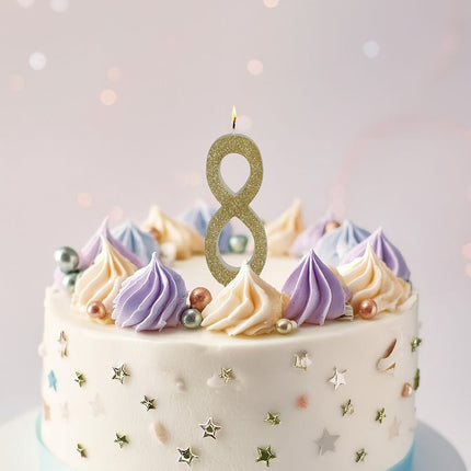 Złota świeczka na 8 lat z brokatem 12,5 cm