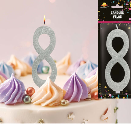 Srebrna świeca 8 lat z brokatem 12,5 cm