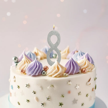 Srebrna świeca 8 lat z brokatem 12,5 cm
