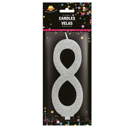 Srebrna świeca 8 lat z brokatem 12,5 cm