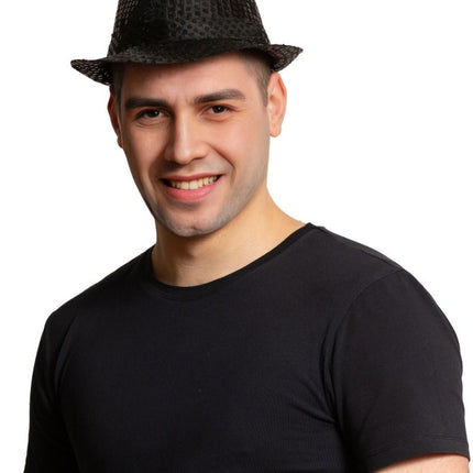 Czarny kapelusz z cekinami ze światłem i bateriami