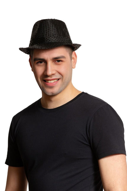 Czarny kapelusz z cekinami ze światłem i bateriami