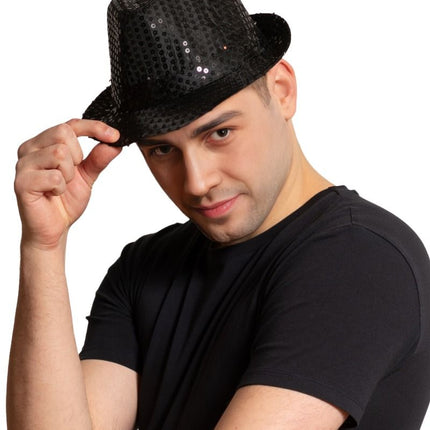 Czarny kapelusz z cekinami ze światłem i bateriami