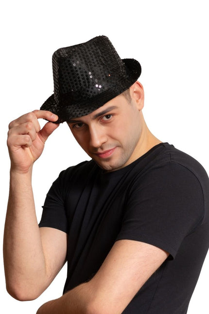 Czarny kapelusz z cekinami ze światłem i bateriami