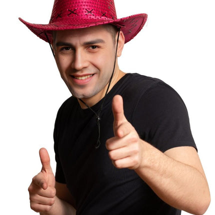 Kowbojski kapelusz z cekinami Neon Pink - opakowanie 6 sztuk