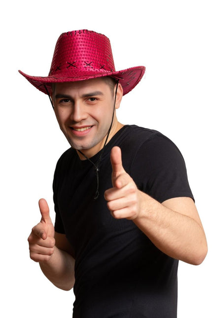 Kowbojski kapelusz z cekinami Neon Pink - opakowanie 6 sztuk