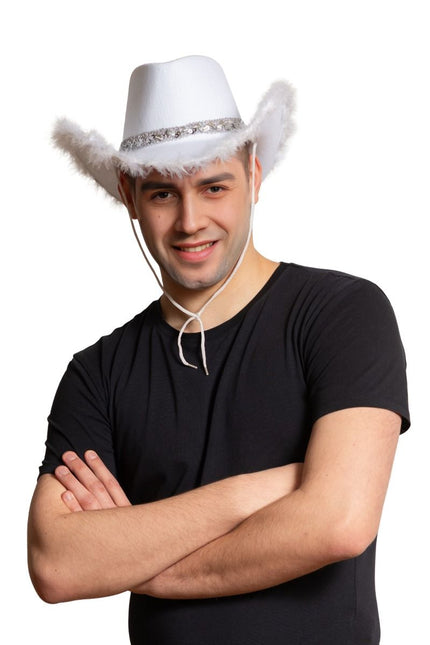 Kowbojski kapelusz z brokatem i białym futerkiem - opakowanie 6 szt