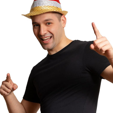 Czapka z cekinami czerwona/biała/żółta ze światłem i bateriami