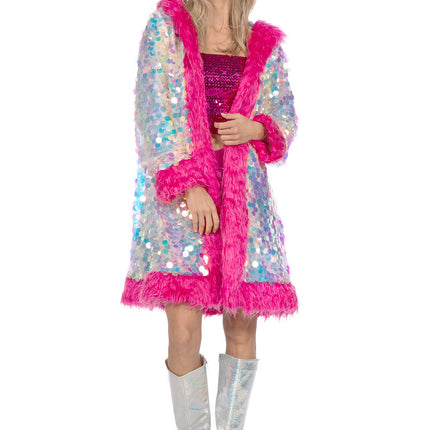 Holograficzna cekinowa kurtka długa z futerkiem