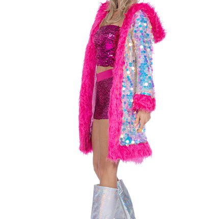 Holograficzna cekinowa kurtka długa z futerkiem