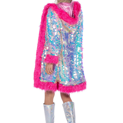 Holograficzna cekinowa kurtka długa z futerkiem