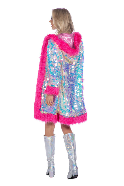 Holograficzna cekinowa kurtka długa z futerkiem