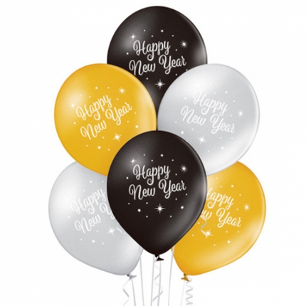 Balony „Szczęśliwego Nowego Roku” – czarne, złote, srebrne, z motywem tortu, 30 cm, 10 szt.